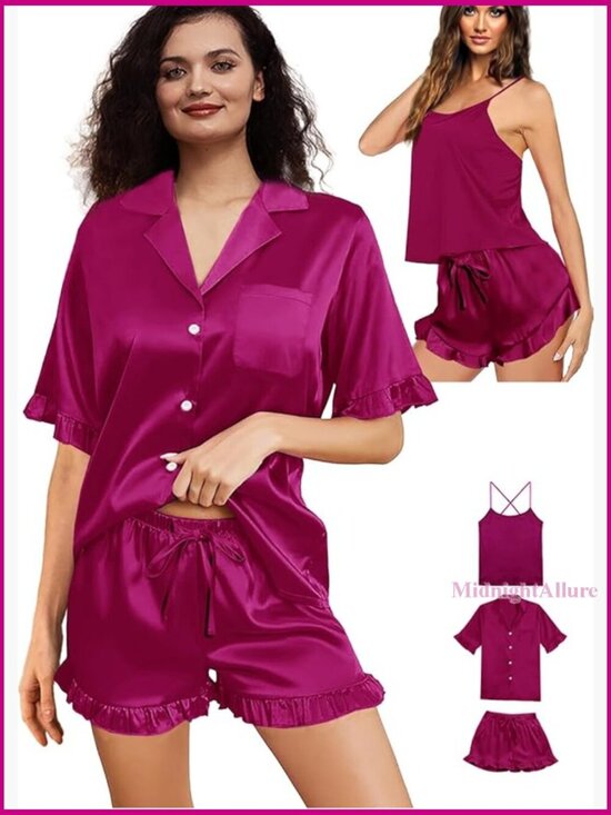 Other - Silk Satin Pajama Set with Cami Top, Ruffle Trim, XS-4XL